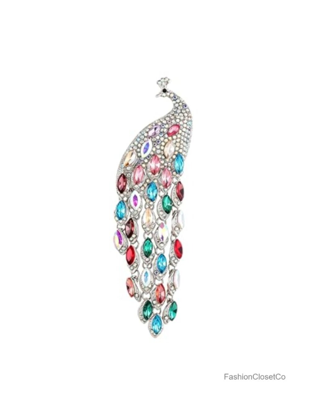 Oversized Rhinestone Peacock Brooch with Dangling Tassels, Zinc Alloy Crystal